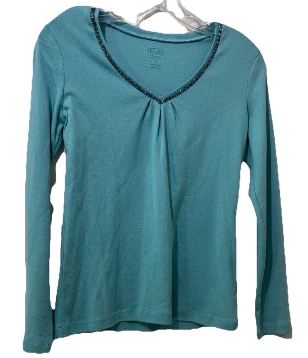 Talbots Petites Long Sleeve V-Neck Top Size P/XS Beaded Neckline Light Blue